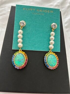 Kurt Geiger Gold Drop Earrings with Opal Center, Pearls & Rainbow Crystals